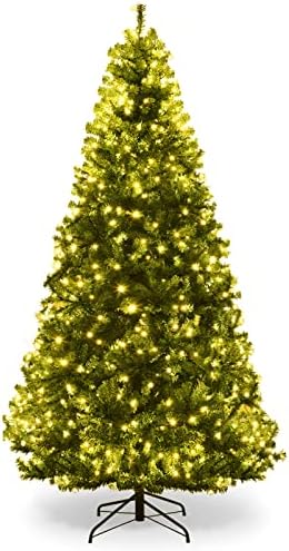 7Ft Pre-lit Artificial Christmas Tree, Pencil Hinged Christmas Tree w/ 500 Dual-Colored LED Lights, 1570 PVC Branches, 11 Light Modes, X-Shaped Metal Stand, Pine Xmas Tree for Home, Party