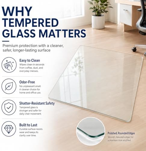 48 x 72 Inch Glass Chair Mat, 1/5 Inch Thick Tempered Glass Office Chair Mat for Carpet and Hardwood Floors, Heavy Duty Clear Desk Floor Protector with Rounded Corners and 8 Non-Slip Pads