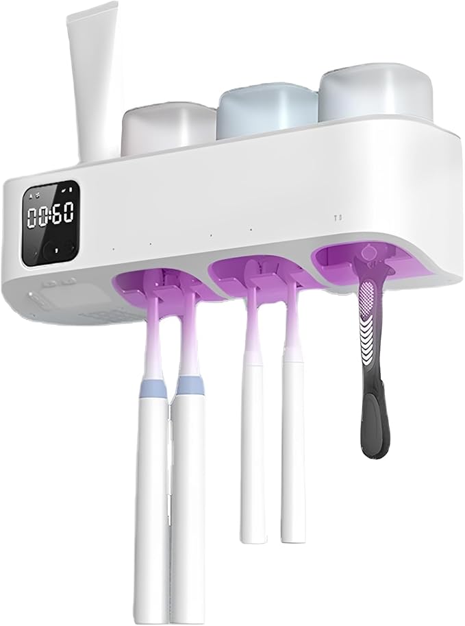 VBESTLIFE Electric Toothbrush Clean Holder, Wall Mounted with 5 Slots LED Display Rechargeable UVC Sanitizer and Dryer, for Bathroom Mirror Tile