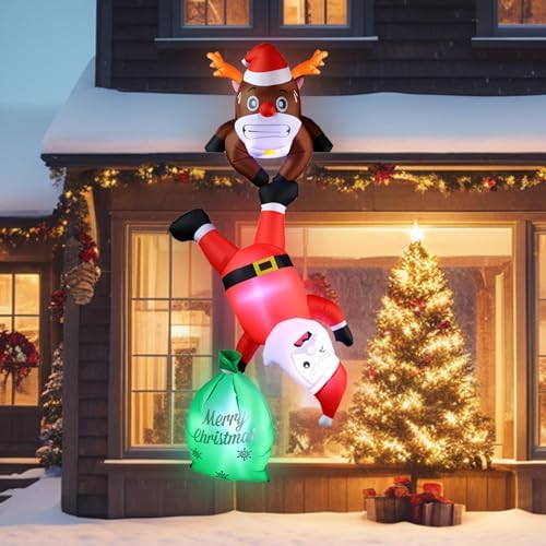 8FT Hanging Inflatable Christmas Climbing Santa & Reindeer Outdoor Decor
