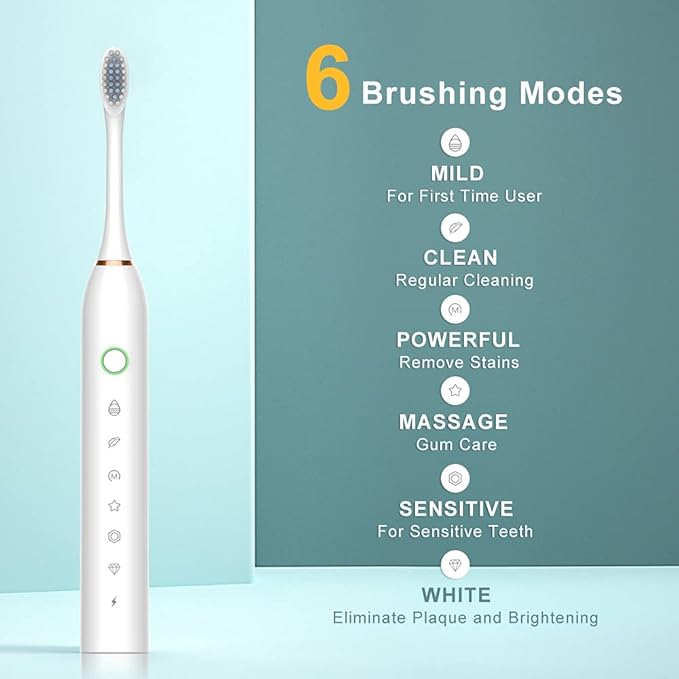 SUNPRO 2 Pack Adults Sonic Electric Toothbrush, 42000vpm, 6 Modes Rechargeable for Deep Cleaning Include 8 Heads (Black+White)