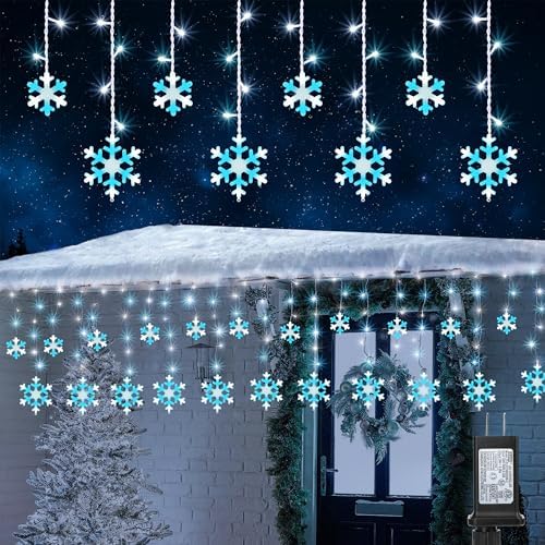 Christmas Snowflake Lights Outdoor, 17.22ft 264 LED Snowflake Icicle Lights with 22 Drops, 8 Modes connectable Christmas Light Waterproof for Eaves Garden Indoor Xmas Decorations (White & Icicle Blue)