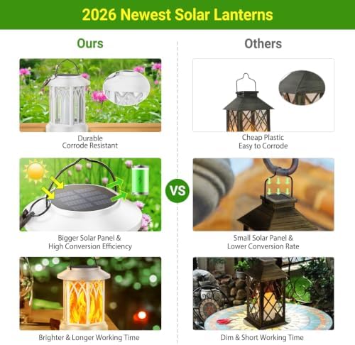 KOOPER 6 Pack Solar Lantern Outdoor Lights, Upgraded Flickering Flame Solar Lanterns Outdoor Waterproof, Auto ON/Off Lanterns Decorative Outdoor, Hanging Lantern for Yard Patio Garden Decor (White)