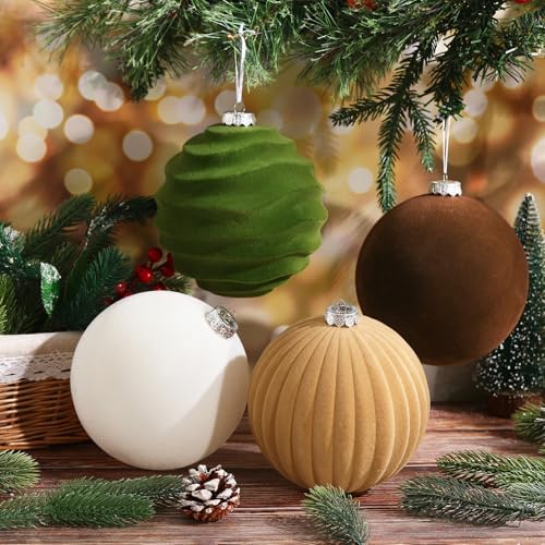 Syhood 4 Pcs 6 Inch Velvet Christmas Balls Large Ornaments, Neutral Color