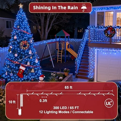 300LED 75FT Christmas Lights Indoor, LED Christmas Tree Decoration Lights with 12 Modes & Timer Memory, Dimmable Plug in Waterproof LED Xmas Light for Yard Trees Wedding Party Holiday Blue