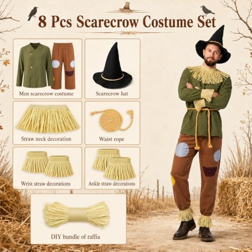 8 Pcs Scarecrow Costume Men Deluxe Adult Halloween Scarecrow Costume