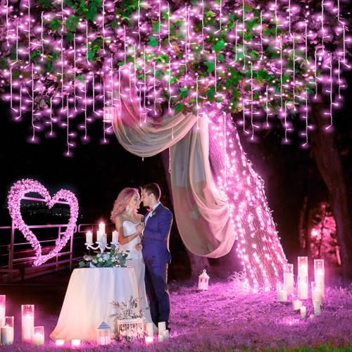 99ft Pink Icicle Christmas Lights Outdoor, 1216 LED Icicle Lights for Outside Clear Wire Twinkle Lights with 8 Modes Timer Waterproof for Window Party Wedding Yard Holiday Valentine's Day Decorations