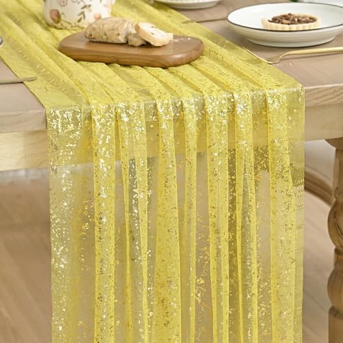 Artoid Mode Light Yellow Gold Gauze Table Runner 59x120 Inch 10FT, Glitter Metallic Foil Sheer Dining Wedding Anniversary Holiday Birthday Table Decor for Home Party