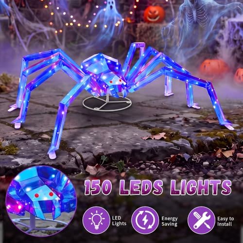 Giant Spider Outdoor Halloween Decorations,47" Pre-lit Prismatic Iridescent Spider Decor with 150LED, Large Scary Spider Light Up Yard Decorations for Lawn, Garden, Porch, Haunted House Party