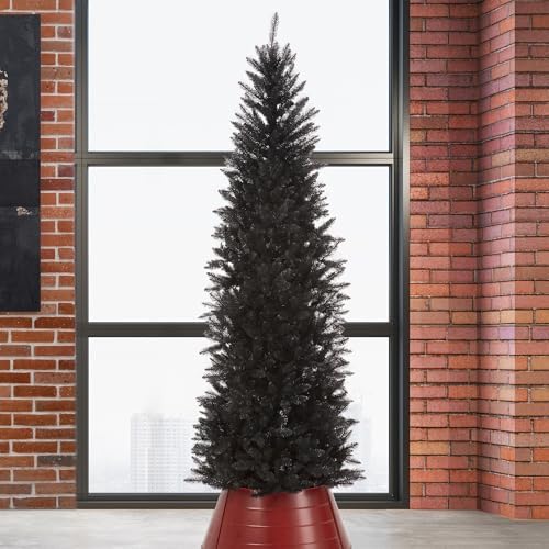 Glitzhome Pencil Tinsel Artificial Christmas Tree, 7.5ft Black Halloween Christmas Tree with 1188 Branch Tips and Foldable Metal Stand for Home Office Party Decoration