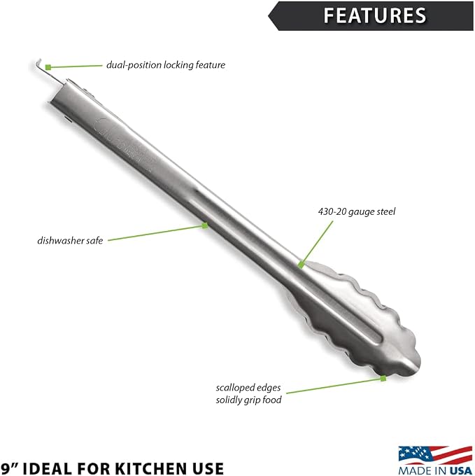Rada Cutlery 2-Piece 9" and 12" Heavy-Duty Tongs Set (B313 + B314) | Scalloped Edges, Stainless Steel