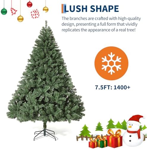 7.5ft Quality Artificial Christmas Tree with 1450 Realistic Spruce Advice, Hinged Metal Construction & Collapsible Stand – Green Holiday Decor for Home, Office, Party - 7.5FT