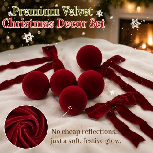 24 Pcs Red Velvet Christmas Tree Decor Set, Balls 3.15" and Bows 6" x 9"