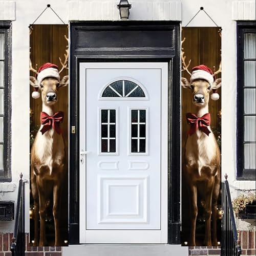 2PCS Christmas Porch Banner Decoration Reindeer Door Sign Hanging Decorations for Outdoor Indoor 71 x 12 Inch Front Door Xmas Decor Holiday Wall Fireplace Entryway Banner Party Supplies