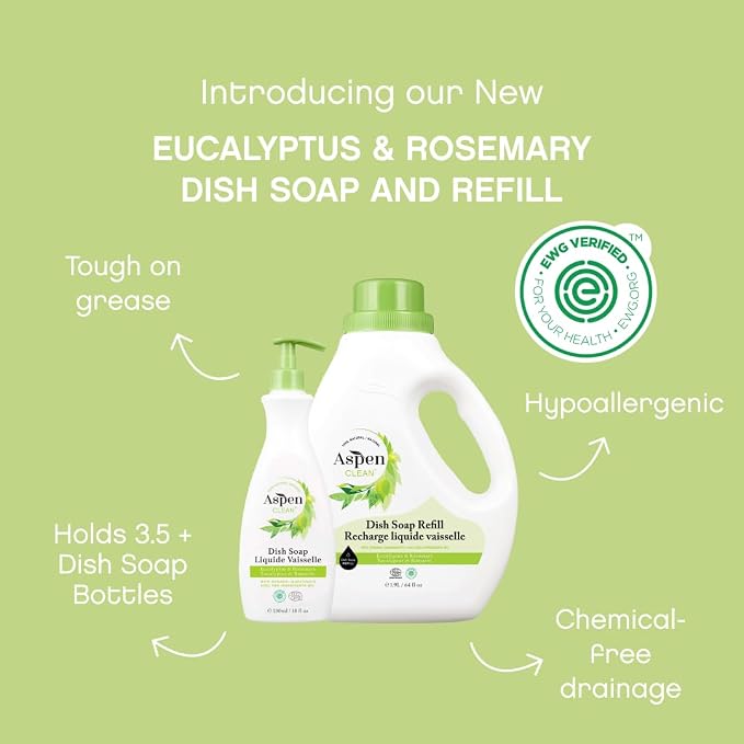 AspenClean | Dish Soap & Refill | Eucalyptus and Rosemary | Liquid Dishwashing Detergent Soap | Non - Toxic | 100% Natural | EWG Verified | 64 fl oz - Refills Over 3.5 Standard Soap Bottles
