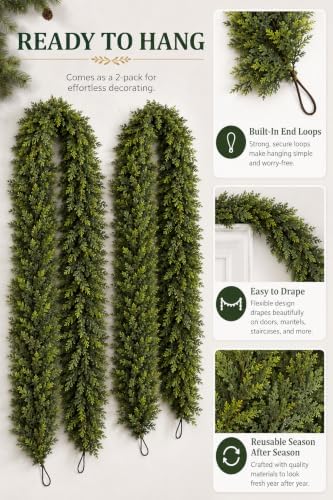 9FT Touch Fake Christmas Cedar Garland, Realistic Plant