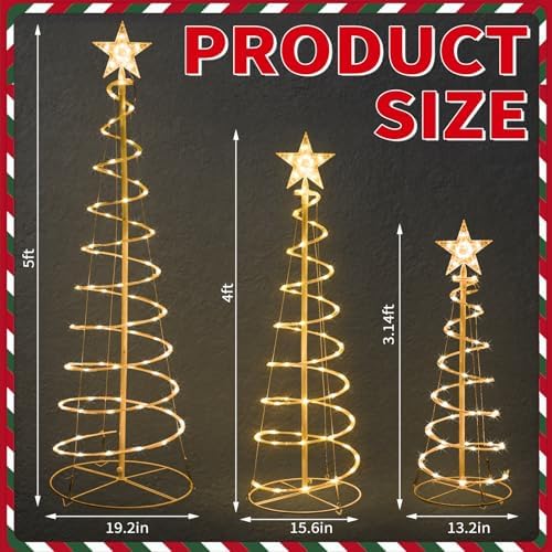 Set of 3 Christmas Spiral Tree Lights, 3/4/5 FT Holiday Decor, Warm White