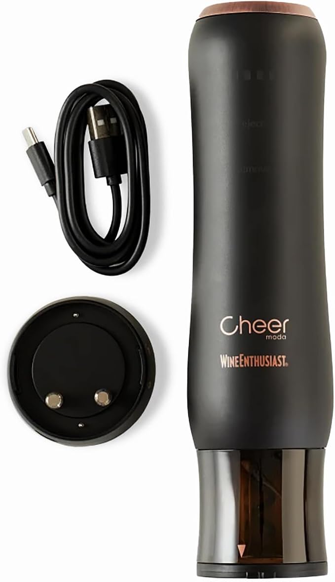 Wine Enthusiast x Cheer Moda Automatic Wine Opener – Electric Corkscrew with Hidden Touch Button, USB Charger & Foil Cutter – Rechargeable Sleek Wine Bottle Opener Gift Set – Modern French Design