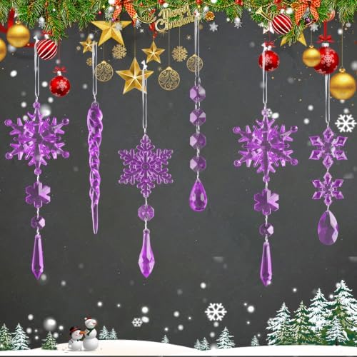 18pcs Crystal Christmas Ornaments for Christmas Tree Decorations-Purple Hanging Acrylic Snowflake and Icicle Ornaments with Drop Pendants for New Year Party Decorations Supplies