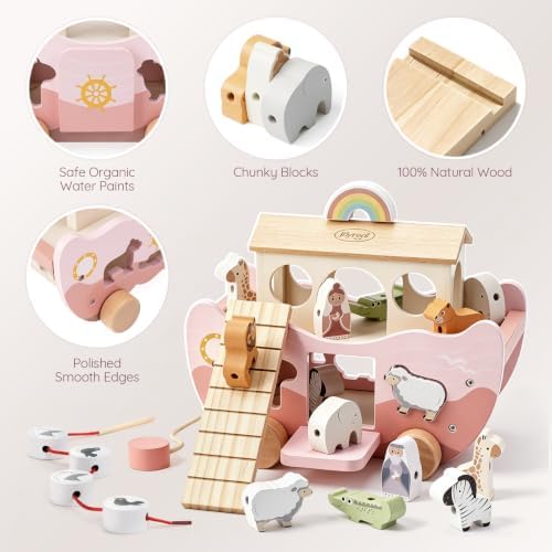 Joyreal Pink Wooden Noah's Ark Toy for 1 Year Old Baby Girl Baptism Gifts