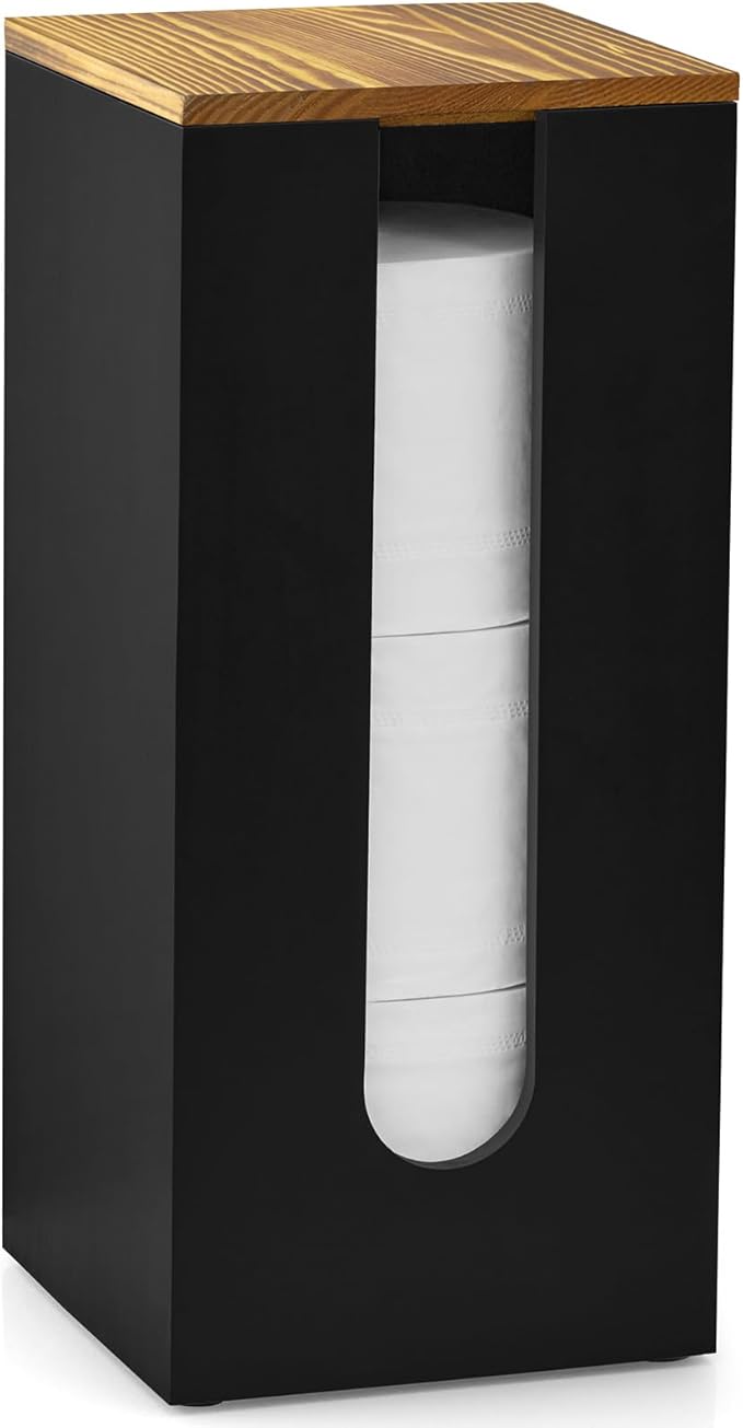 OUTNILI Freestanding Toilet Paper Holder Stand with Lid, Black Wooden Toilet Paper Storage Organizer for Bathroom Floor, Rustic Farmhouse Toilet Paper Storage Holds 3 Extra Large Rolls