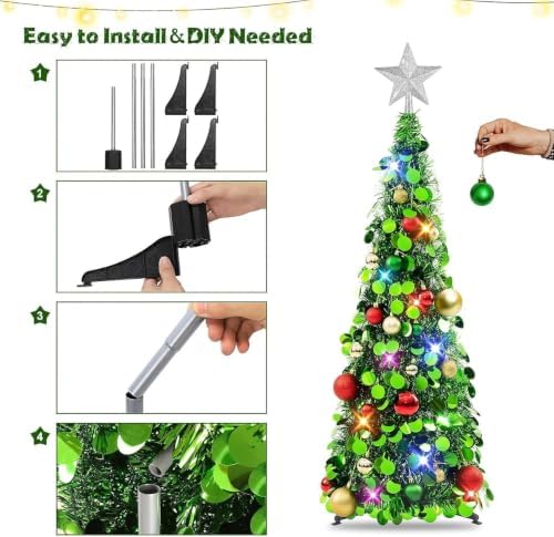 N&T NIETING Pop Up Christmas Tree with Lights, Collapsible Tinsel Xmas Tree Decorations, Pencil Christmas Tree Skinny Tree for Holiday Xmas Home Office Decor, 25 Balls, 3Ft, Green