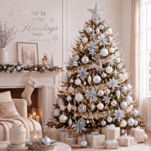 CroBlissful 118 Pcs Christmas Tree Ornaments Set Including Ornaments Balls, Hanging Snowflakes Icicle, Mesh Ribbon, Tree Top Star, Flower, Berries Stems for Xmas Trees Holiday Decor(Silver)