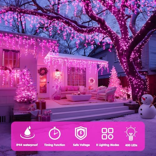 JMEXSUSS 400 LED Pink Christmas Icicle Lights