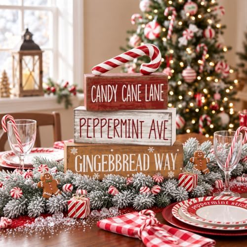 Moucuny 4 Pcs Christmas Table Decor Candy Cane Lane Sign, Wood Block Set