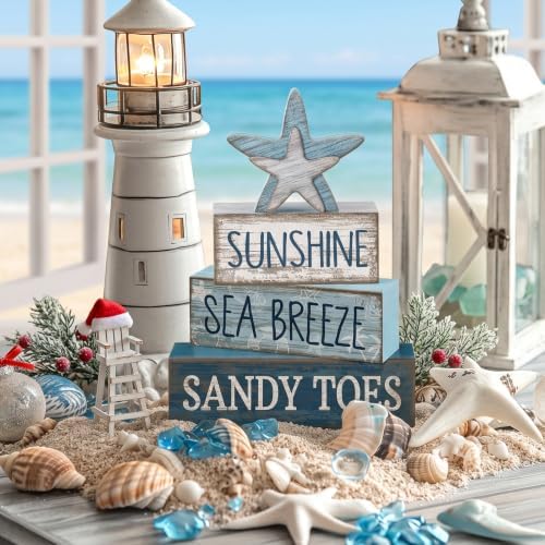 Lineshading 4 Pcs Coastal Christmas Table Decor, Wooden Starfish Beach Sign