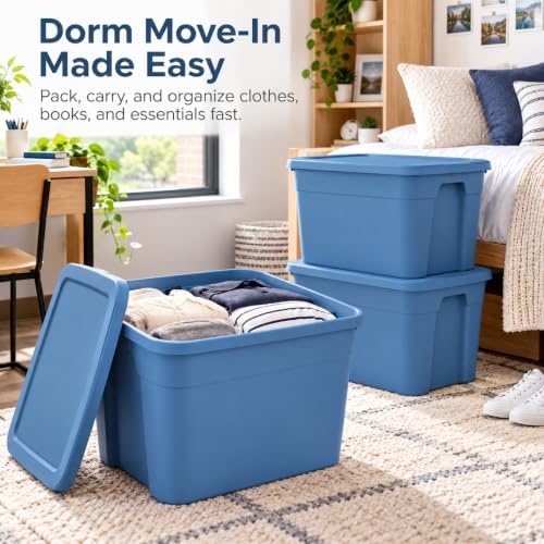 4-Pack 18 Gallon Tote, Stackable Storage Bin with Snap-on Lid, Blue