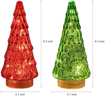 PHITRIC Christmas Decorations Indoor, 2 PCS Sparkling Glass Christmas Tree Table Centerpieces Decor with LED Lights and Timer, Xmas Tree Decorations for Home, Mantel, Shelf, Tabletop (Red & Green)