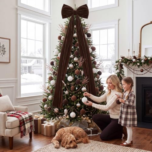 56 Pcs Brown Christmas Tree Decoration Set Neutral Velvet Bow Balls Ribbon