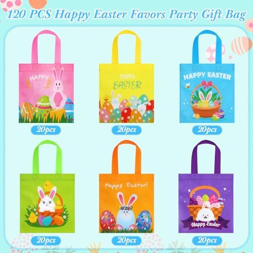 Sweetude 120 Pcs Easter Tote Bags Bulk with Handles Bunny Reusable Party Non Woven Treats Goodie Bags for Easter Party Supplies(Rabbit)