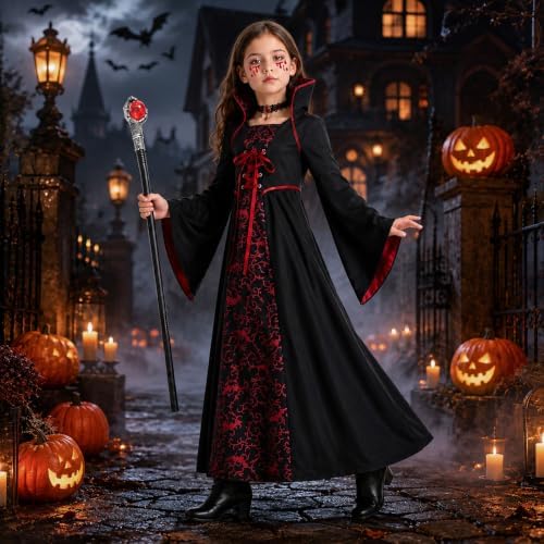 5Pcs Vampire Costume Vampiress Dress Cosplay Outfit for Girls 3-12 Years