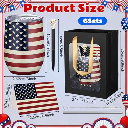 Patelai 30 Pcs 2026 American Flag Pattern Cups Gift Set for Men Women 12oz Stainless Steel Tumbler Mug Cups with Lid and Straw Pens and Card Set with Gift Bags for 4th of July 250th Memorial Day