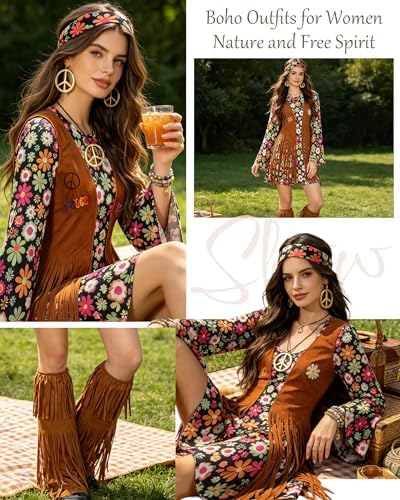 kasahara 60s 70s Outfit for Women Hippie Dress Clothes Boho Disco Costume with Hippie Headband Necklace Earrings Bracelet