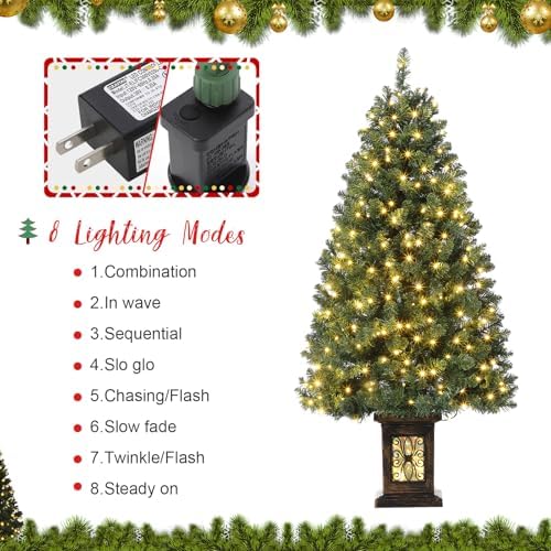Garvee Pre-lit Artificial Christmas Tree with Warm White Lights, Green Full Christmas Tree 4.5 ft with 8 Light-Modes, Pre Lighted Xmas Tree W/460 Branch Tips, 300 Light & Antique Urn Base,2 PCS