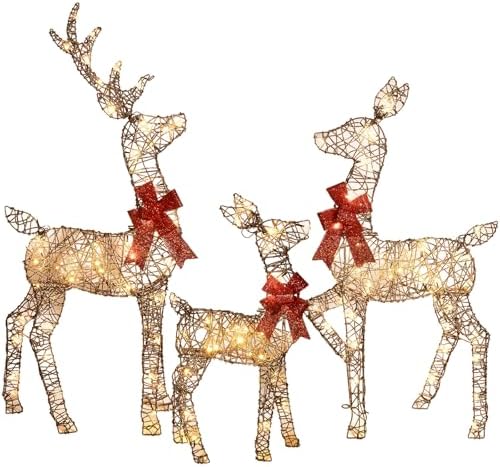 HOYECHI 4ft Christmas Decorations Outdoor Lighted Reindeer – 3-Piece 2D Deer Family Set with 145 Warm White LED Lights for Yard, Lawn, Garden & Porch Holiday Display - Rattan