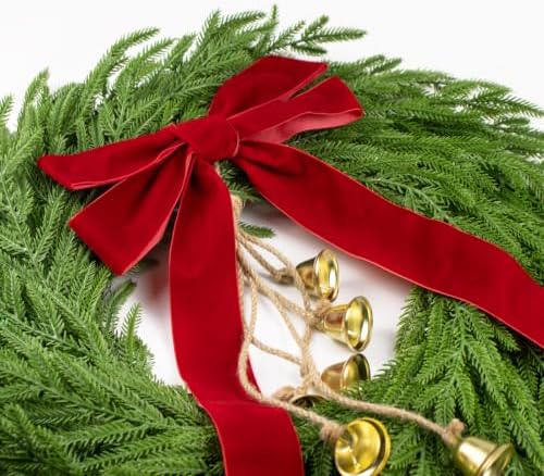 Christmas Decor, 24" Norfolk Pine Christmas Wreath with Velvet Bow & Bells