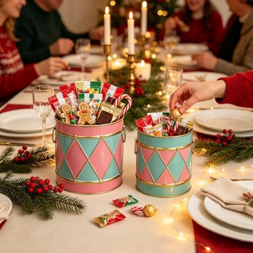 2-Piece Pastel Drum‑Shaped Metal Decorative Buckets Set, Vintage Festive Ice Bucket & Storage for Small Plants/Ornaments/Candies, Christmas Table Mantel Home Centerpiece Decor