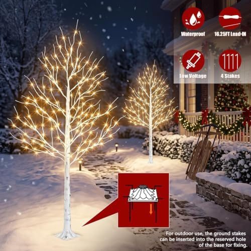 EAMBRITE Lighted Birch Tree, 6ft Prelit White Christmas Trees Outdoor 2Pack