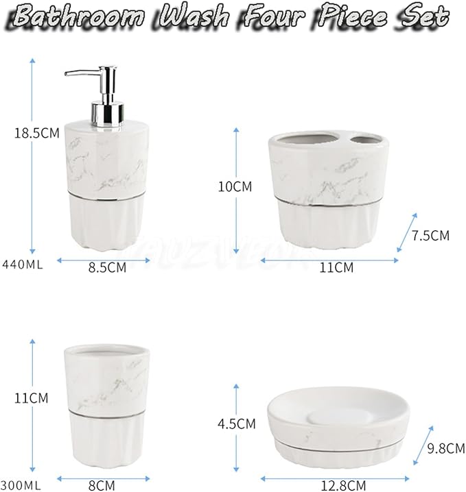 Soap Dispenser Set White, Set of 5 Bathroom Accessories, with 2 Toothbrush Cups, Soap Dish, Toothbrush Cup, Ceramic Soap Dispenser, for Bathrooms, Apartments, Dormitories,Marble White