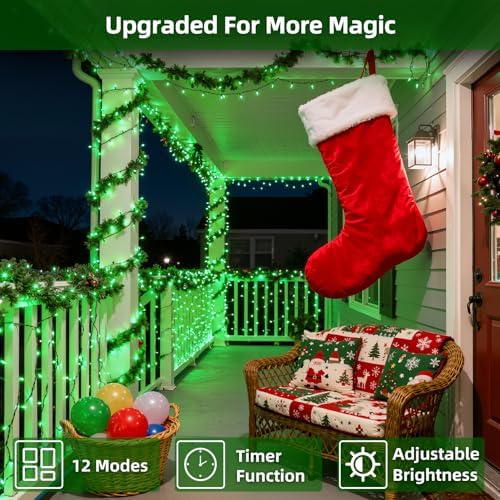 QUHUATU 300 LED 75FT Christmas String Lights, 12 Modes, Green