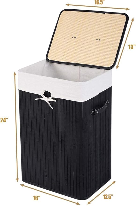 Giantex Bamboo Laundry Hamper with Lid Removable Liner & Handles | 72L Large & Tall Clothes Hamper, Rectangular Laundry Basket for Small Spaces, Laundry Room, Bedroom, Black