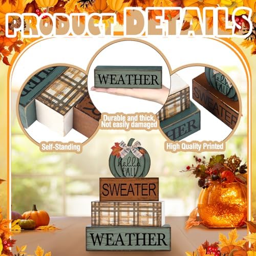 Moucuny 4 Pcs Fall Table Decor Neutral Sage Green Pumpkin Wooden Sign
