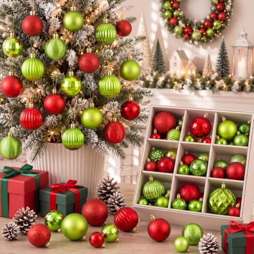 Lunmon 64 Pcs Lime Green and Red Christmas Ball Ornament Green Xmas Bulbs