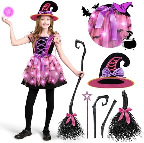 Spooktacular Creations Girls Light Up Witch Costume, Kids Witch Costume with Hat and Broom for Toddler Halloween Dress Party