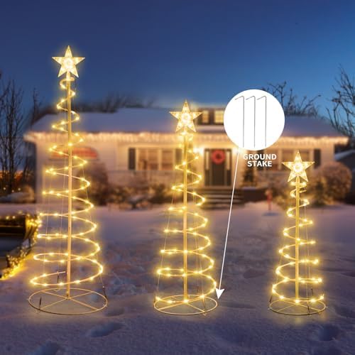 Set of 3 Christmas Spiral Tree Lights, 3/4/5 FT Holiday Decor, Warm White
