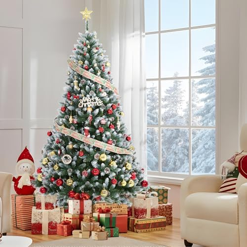 4.5FT Pre-Lit Artificial Christmas Tree with 150 Lights, 352 Snow-Covered Pine Needle Tips & Pine Cones, White Winter Themed Tree for Home & Party Decor